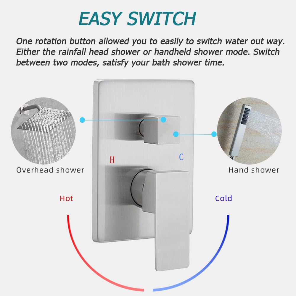 Shower System Brushed Nickel Bathroom Rainfall Shower Faucet Set Complete Wall Mounted 8 Inch Shower Head and Handle