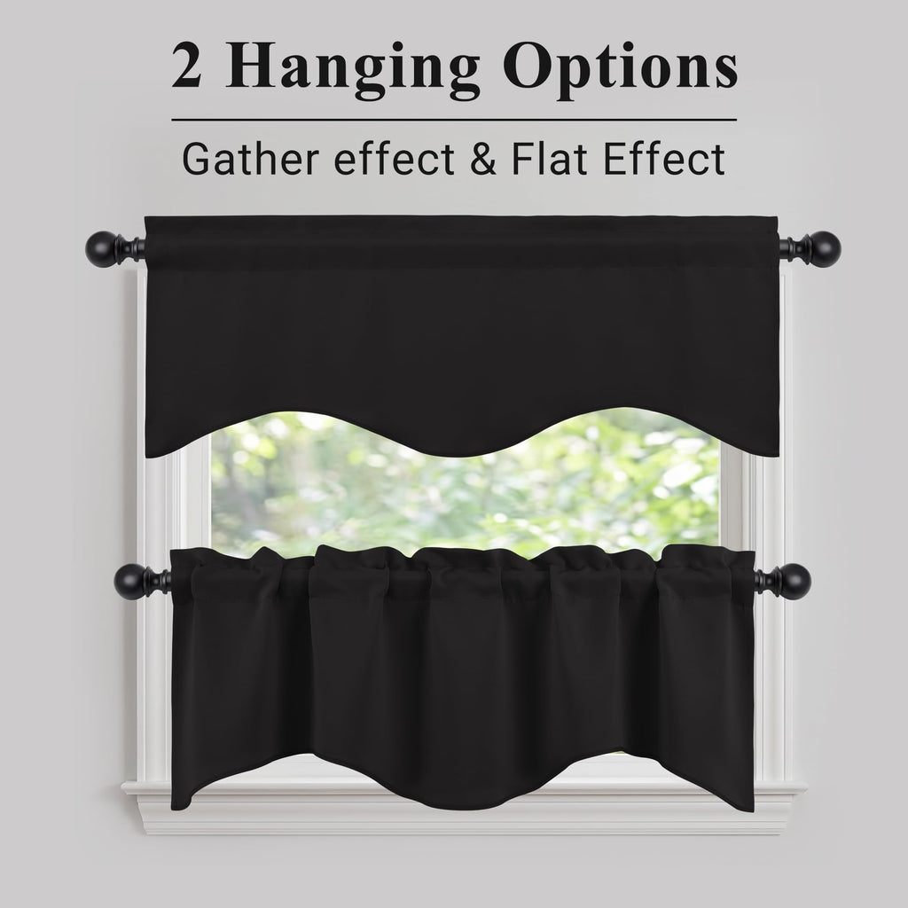Blackout Scalloped Valance Curtain 2 Panels, W52 x L18 Inch, Black