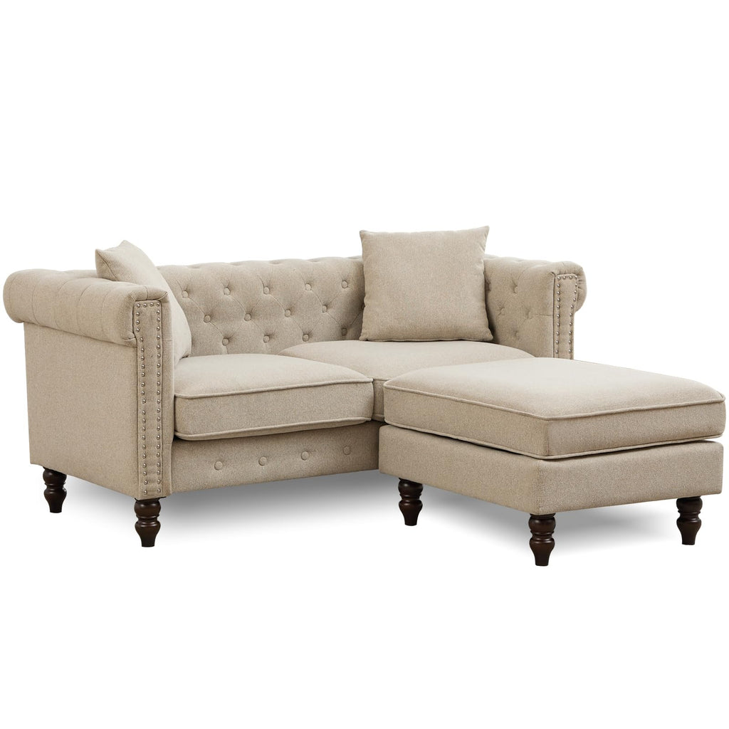 62" Chesterfield Linen Sofa, Vintage Small L Shaped Loveseat Couch