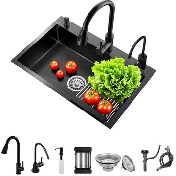 Black Drop Sink, Stainless Steel Single Bowl Sink with 3 Holes, Topmount Workstation Sink, Farmhouse Rectangle Basin