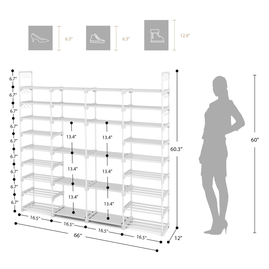 Large Shoe Rack Organizer Closet 64-68 Pairs 9-Tier Heavy Duty Tall Garage Shoe Rack Shoe Shelf Shoes Storage with 18