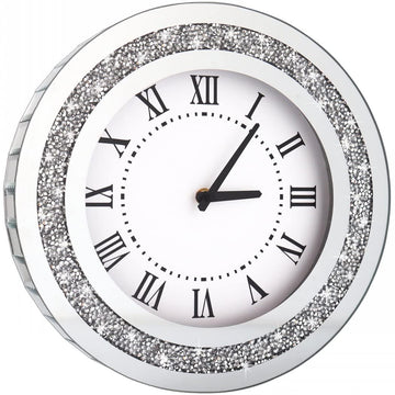 Silver Round Mirror Clock 12inch Crystal Sparkle Twinkle Bling Crush Diamond Mirrored Wall Clock for Wall Decoration