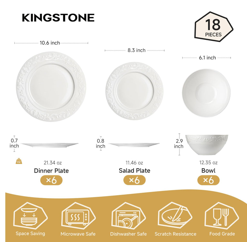 18Pcs Vintage Relief White Bone China Set, Service for 6