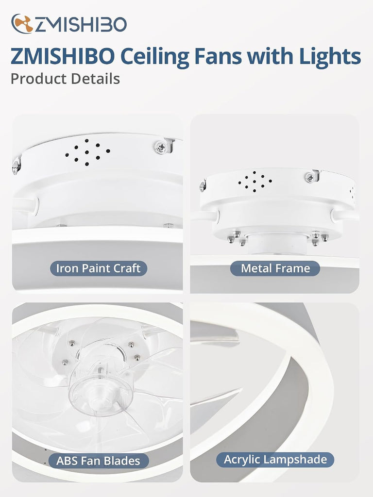 Low Profile Ceiling Fans with Lights and Remote, 13 Inch Fandelier Ceiling Fan with Light, White Modern Flush Mount Ceiling Fan, Small Dimmable LED Fan Lights for Bedroom A101-B0D2KS5L9J