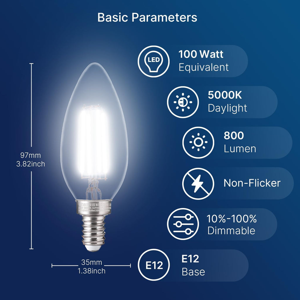 100W Equivalent Candelabra LED Bulbs 5000K Daylight, Dimmable LED Chandelier Light Bulbs, Porch, 800LM, E12 Base, 6