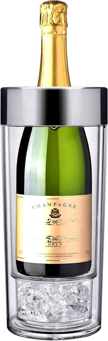 VinoChill - Acrylic Double-Wall Wine Chiller with Ice Chamber, Clear Plastic Insulated Champagne Bucket with Enhanced