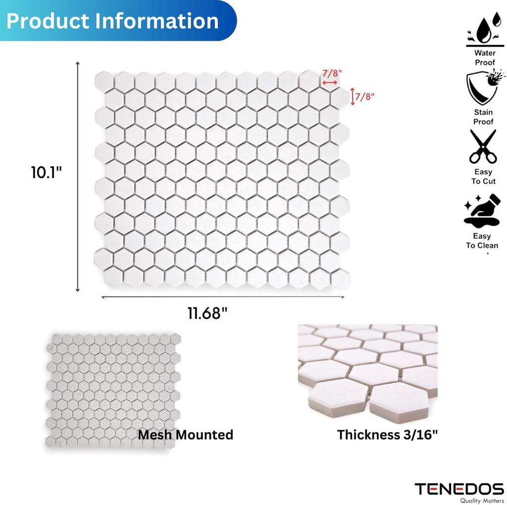 TDPW-UNSW1-410 Super White Porcelain 7/8 Inch Hexagon Unglazed Matte Finish 1x1 Mosaic Floor Wall Tile Shower