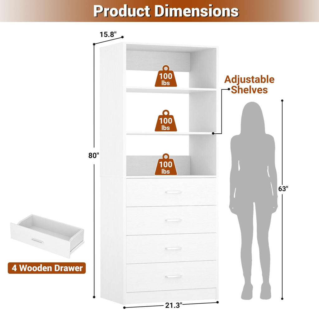 Closet Drawers System, 21.3" Wood Closet Organizer System, White