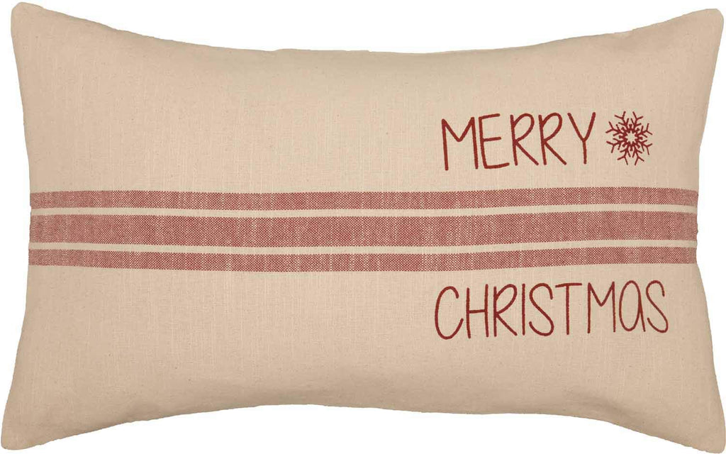 Sleigh Bells Ring Grain Sack Stripe Throw Pillow Cover, 16" x 26", w/Printed Merry Christmas, Farmhouse Christmas Red