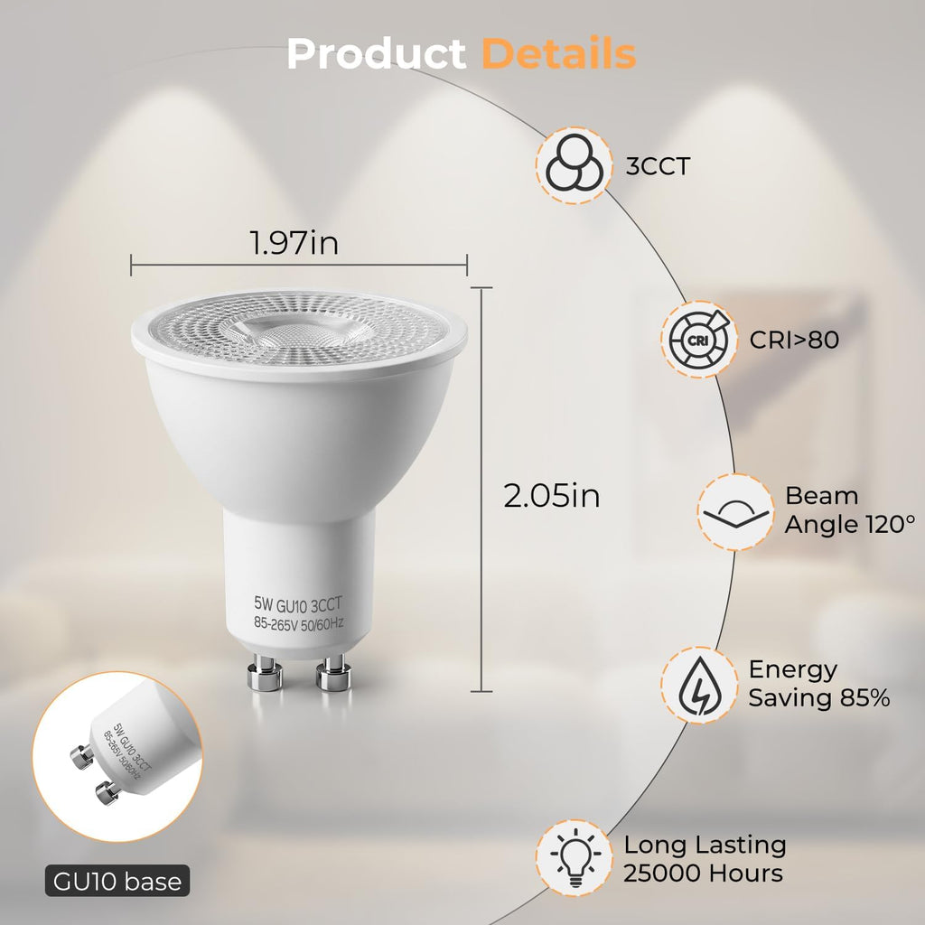 6 Pack GU10 LED Light Bulbs 5W, 3000K/4000K/6000K LED Light Bulb
