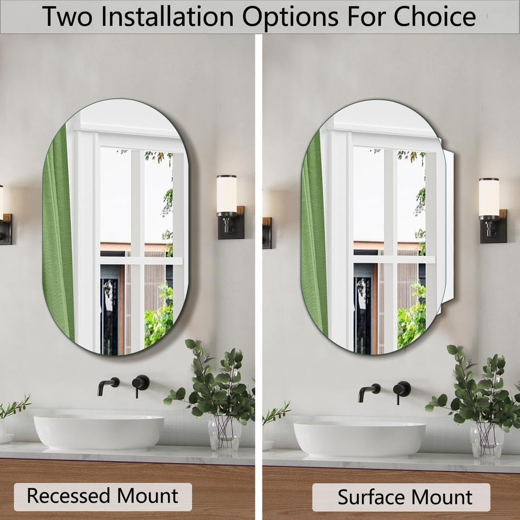 24 x 36 inch Bathroom Medicine Cabinet Frameless Oval Mirror Medicine cabinets with Mirror, Recessed or Surface