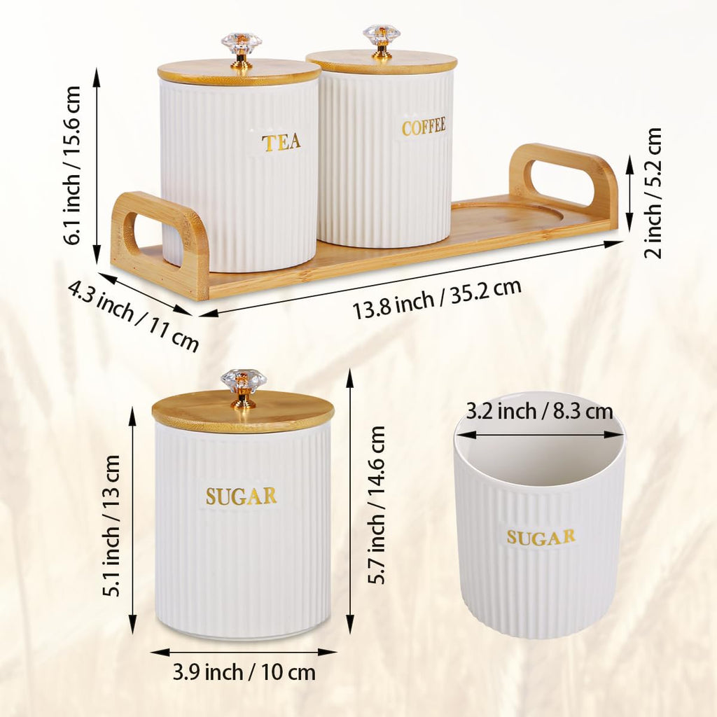 Ceramic Storage Canister for Coffee Sugar Tea, Kitchen Pantry Container with Bamboo Lids and Tray, White - Set of 3