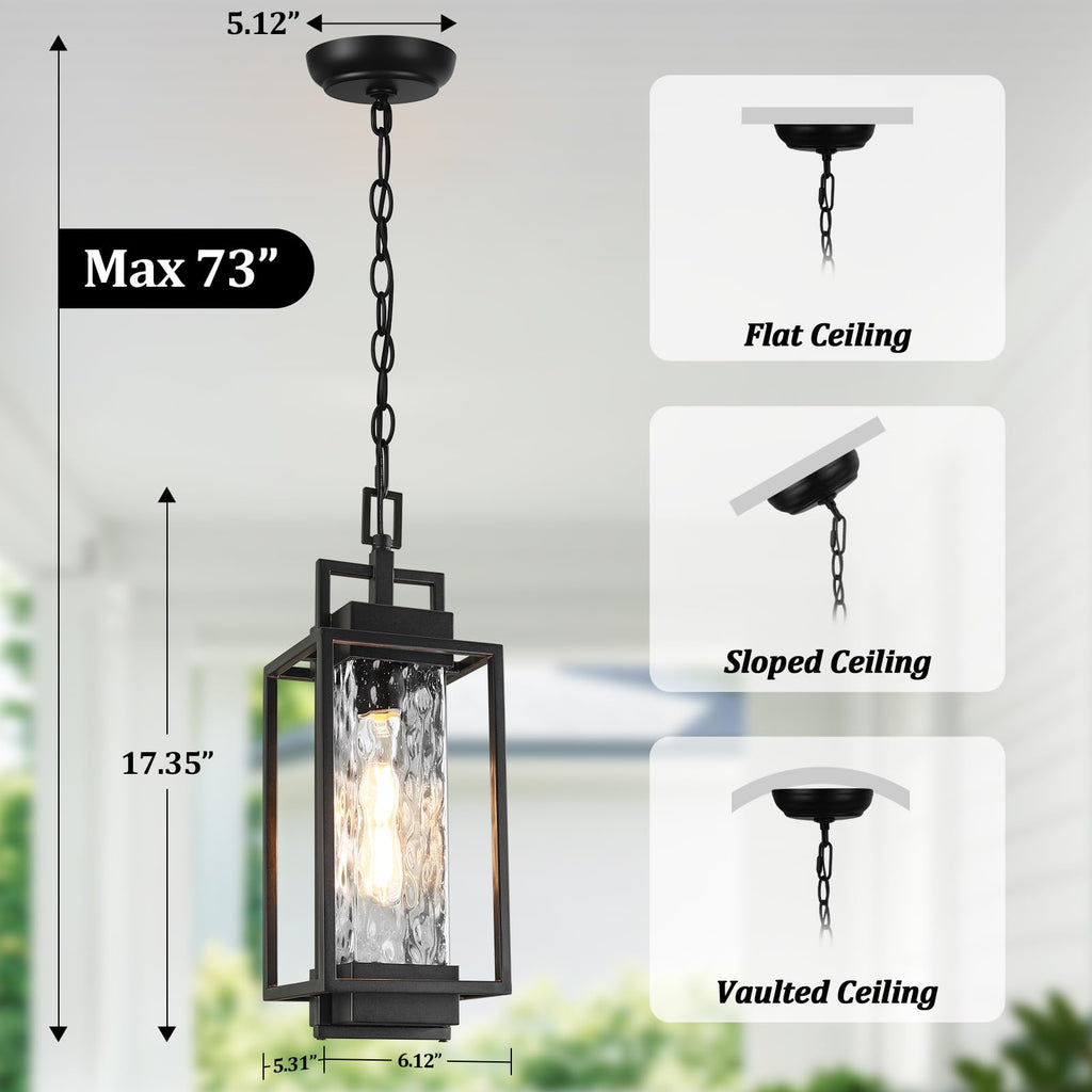 15" Outdoor Pendant Light, Modern Hanging Lantern with LED Bulb
