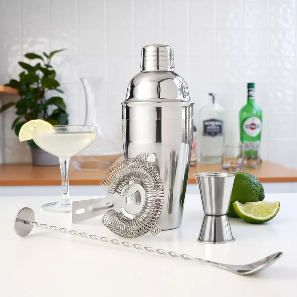 5-Piece Cocktail Shaker Set Shaker Strainer Jigger T-Mixing Spoon Muddler Bartender Kit Stainless Steel Bar Set - Set of 5