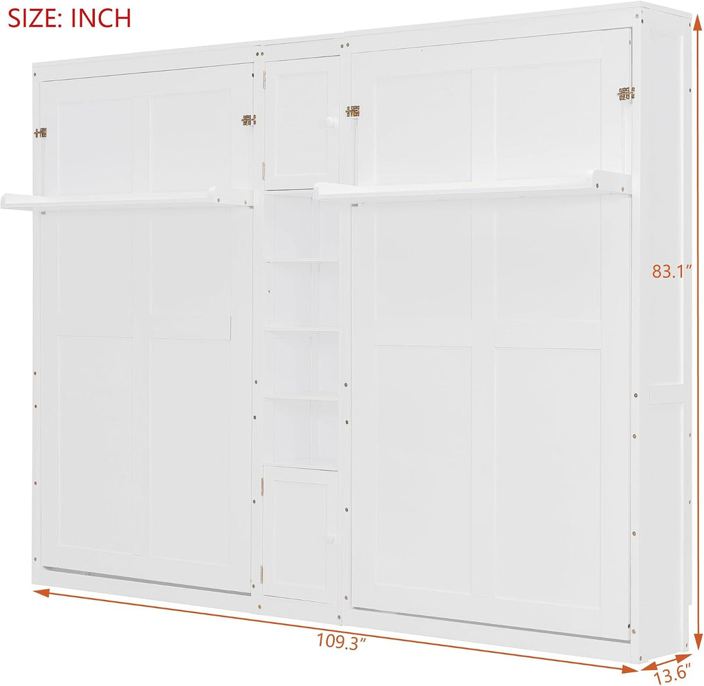 Dual Twin Murphy Bed with Cabinets and Shelves, Space Saving Wall Bed with Storage, Foldable Twin Beds with