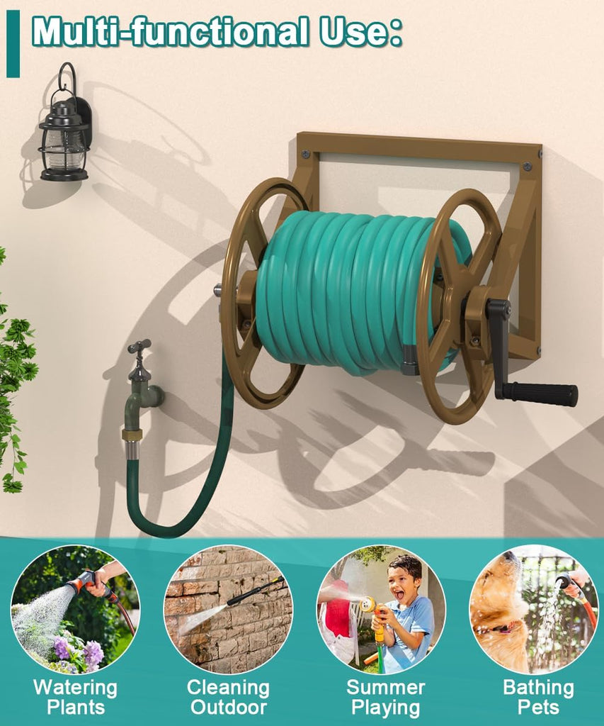 Garden Hose Reel Wall Mounted, Outdoor Heavy Duty Powder Coated Metal Water Hoses Holder Winder Holds 125 ft 5/8"