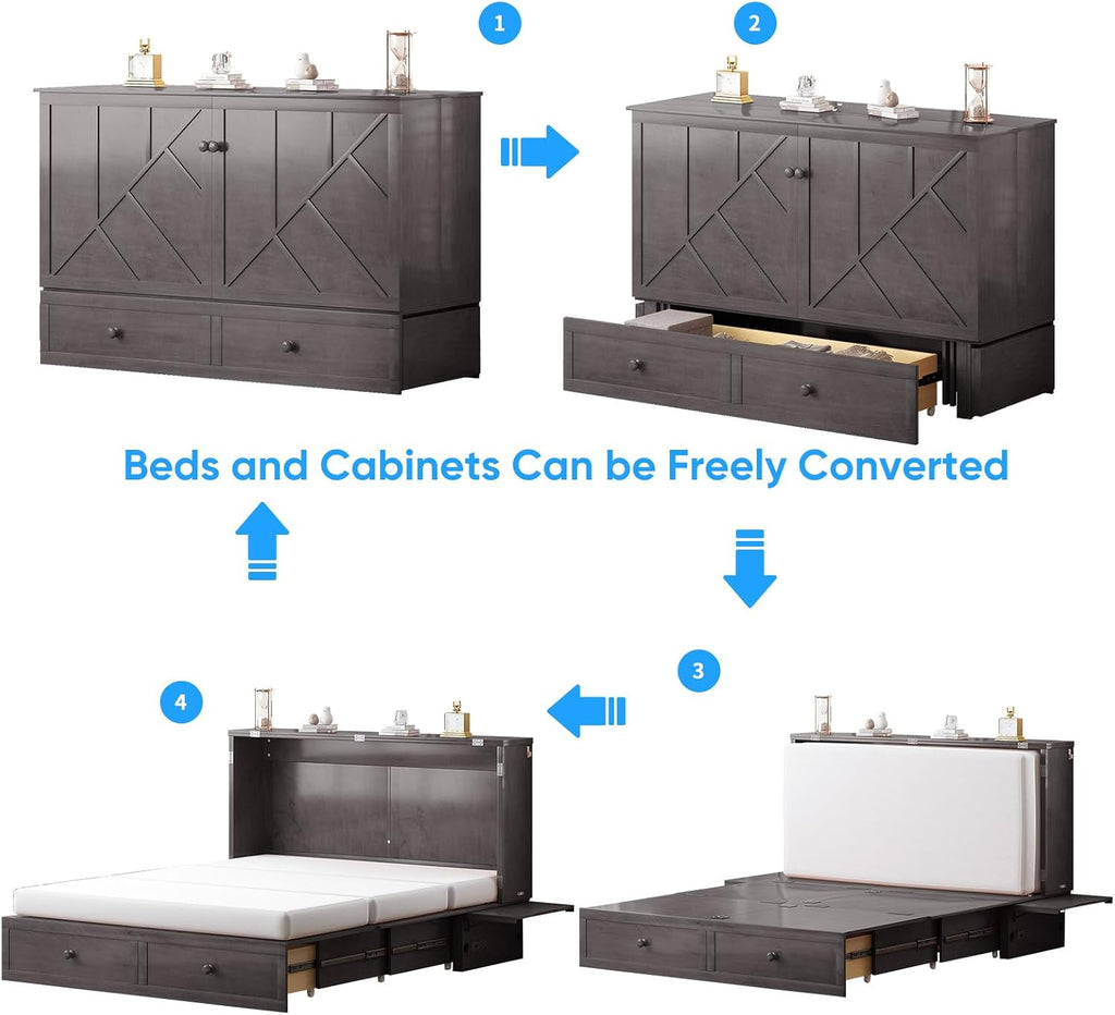 Murphy Bed Queen with Mattress Included, Hideaway Wallbed Cabinet Bed with 2 Storage Drawers, USB Charging Ports &