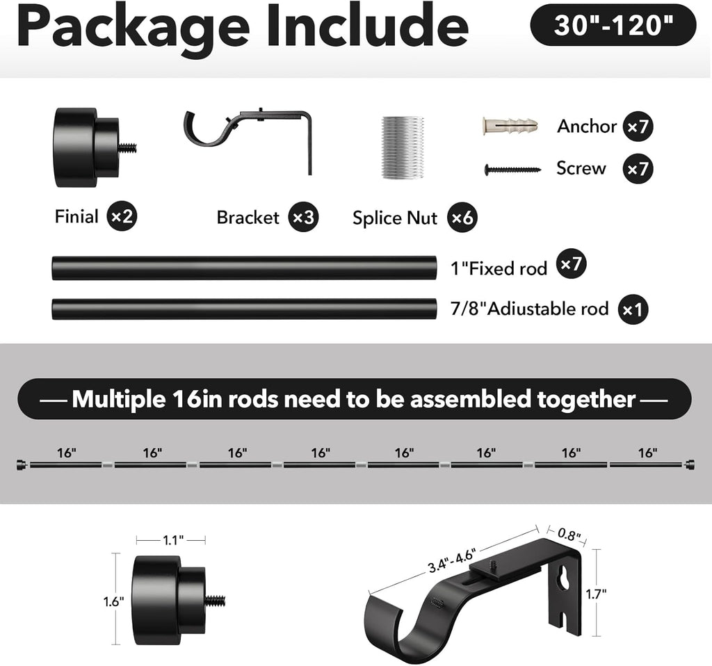 Heavy Duty Curtain Rods for Windows 66 to 120 Inch,1 Inch Adjustable Black Curtain Rod with Easy Installation and