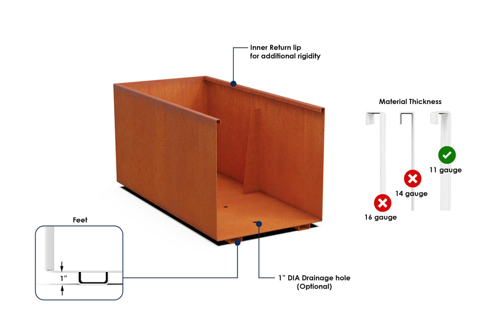 Large Rectangular Planters for Outdoor Plants - 36x12x24 Corten Steel Planter Box | Extra Large Outdoor Planters