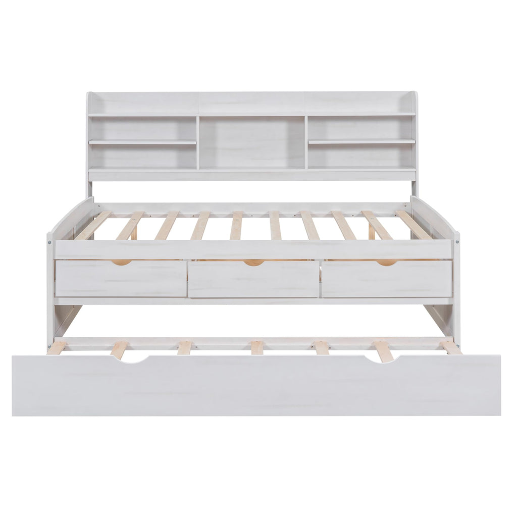 Full Size Daybed, Wooden Captain Bed with Built-in Bookshelves, Full Daybed with 3 Storage Drawers and Trundle, White