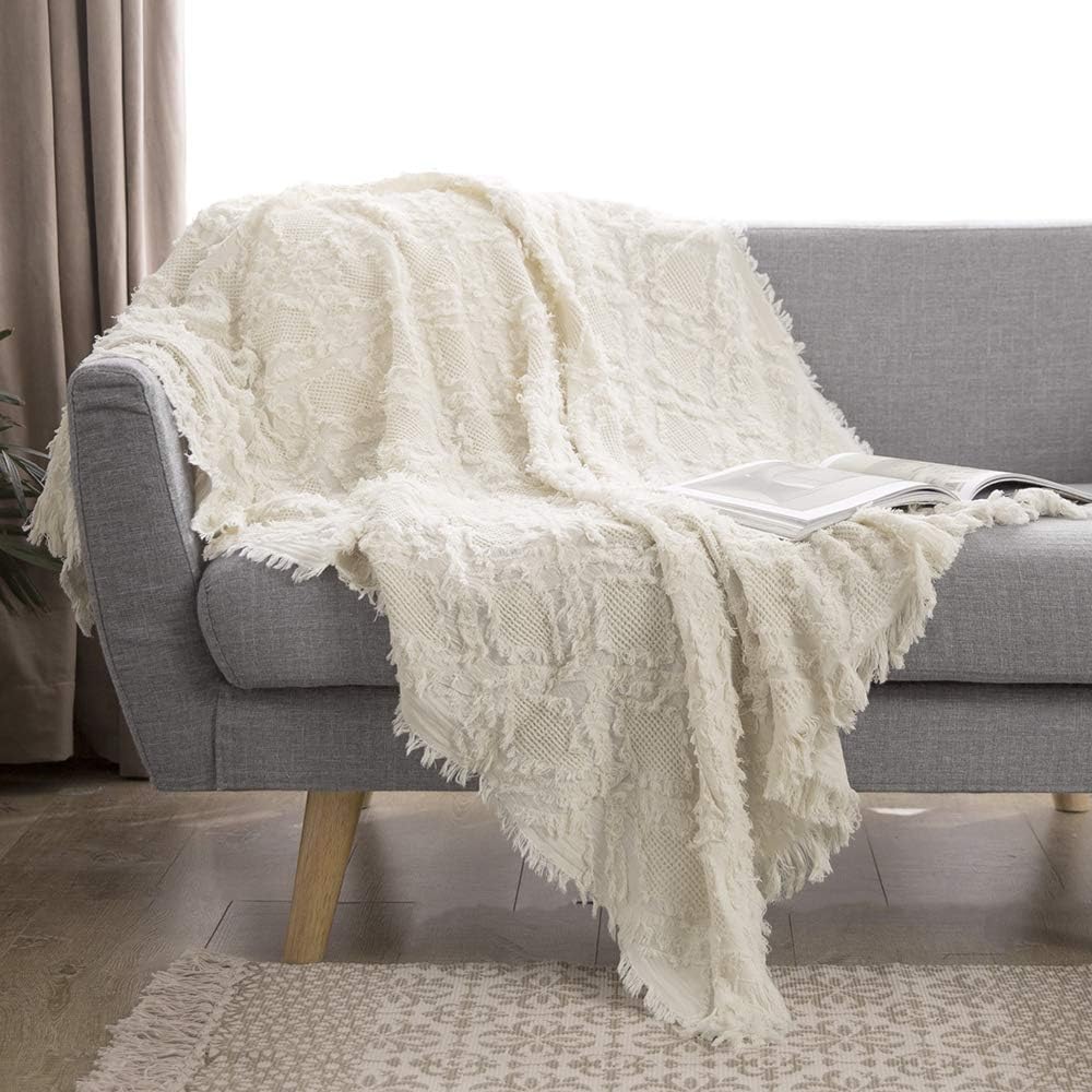 100% Cotton Throw Blanket, Boho Textured Geometric Knit Woven Blanket with Tassels Soft, Lightweight Breathable