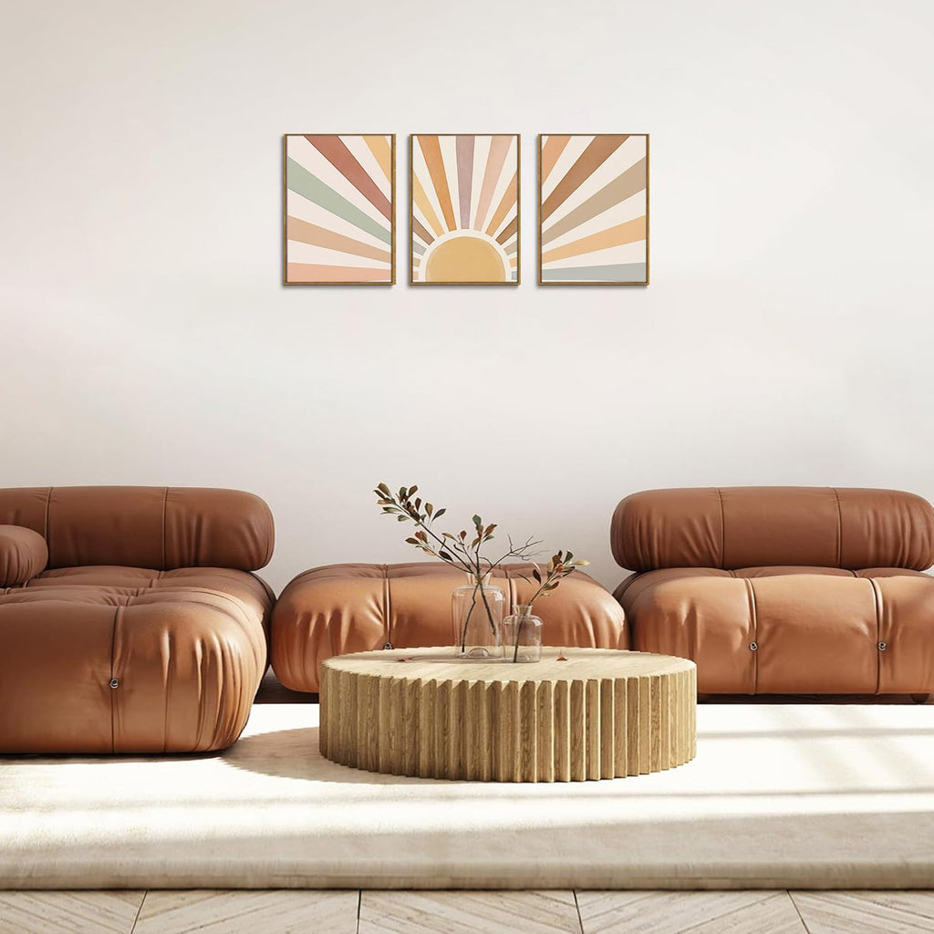 Boho Wall Art, Framed Abstract Wall Art, Sun Rising on the Horizon Neutral Canvas Wall Decor, Mid Century Geometric