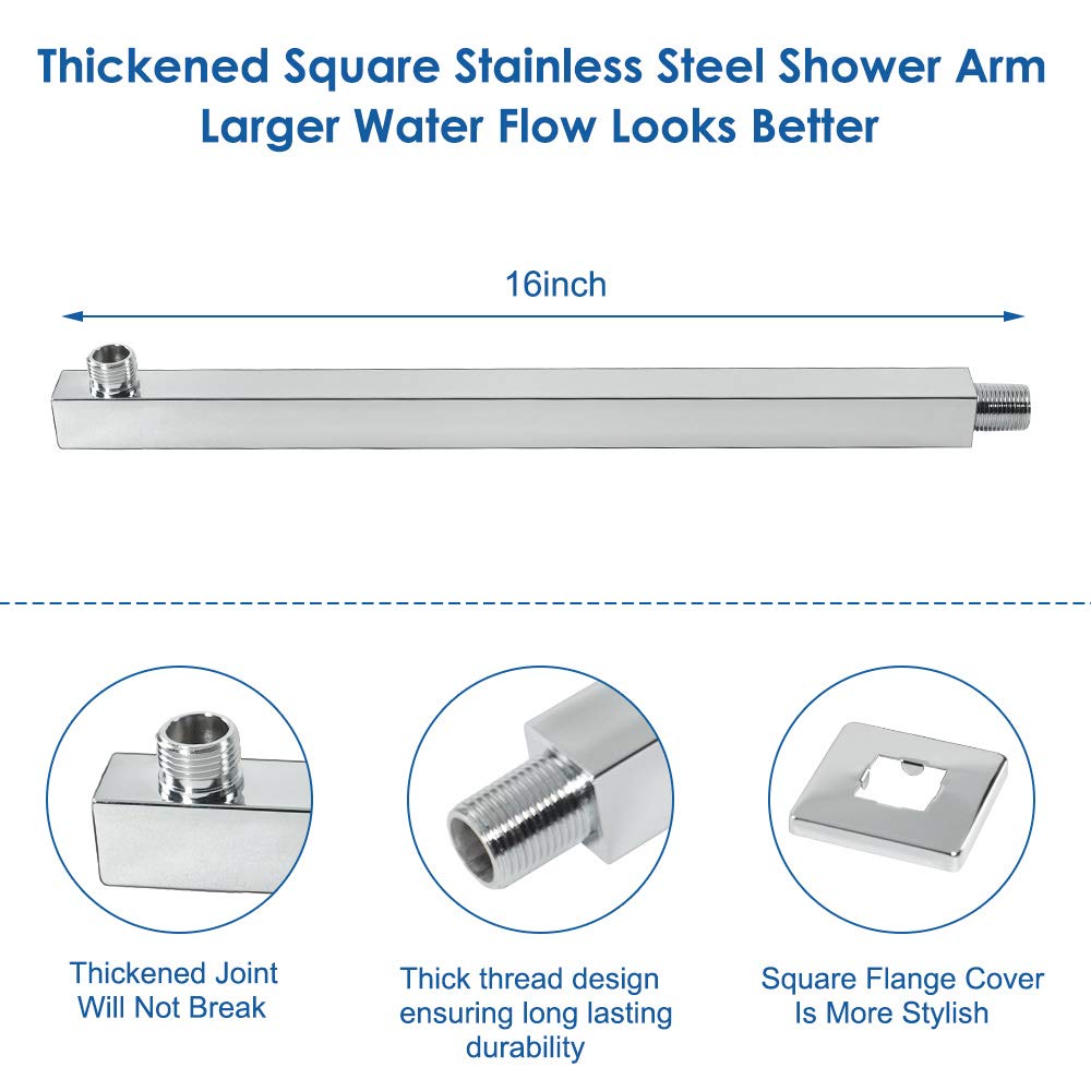 Shower Head with Extension Arm, High Pressure Square with ShowerArm, Stainless Steel Rainfall -Waterfall Full Body