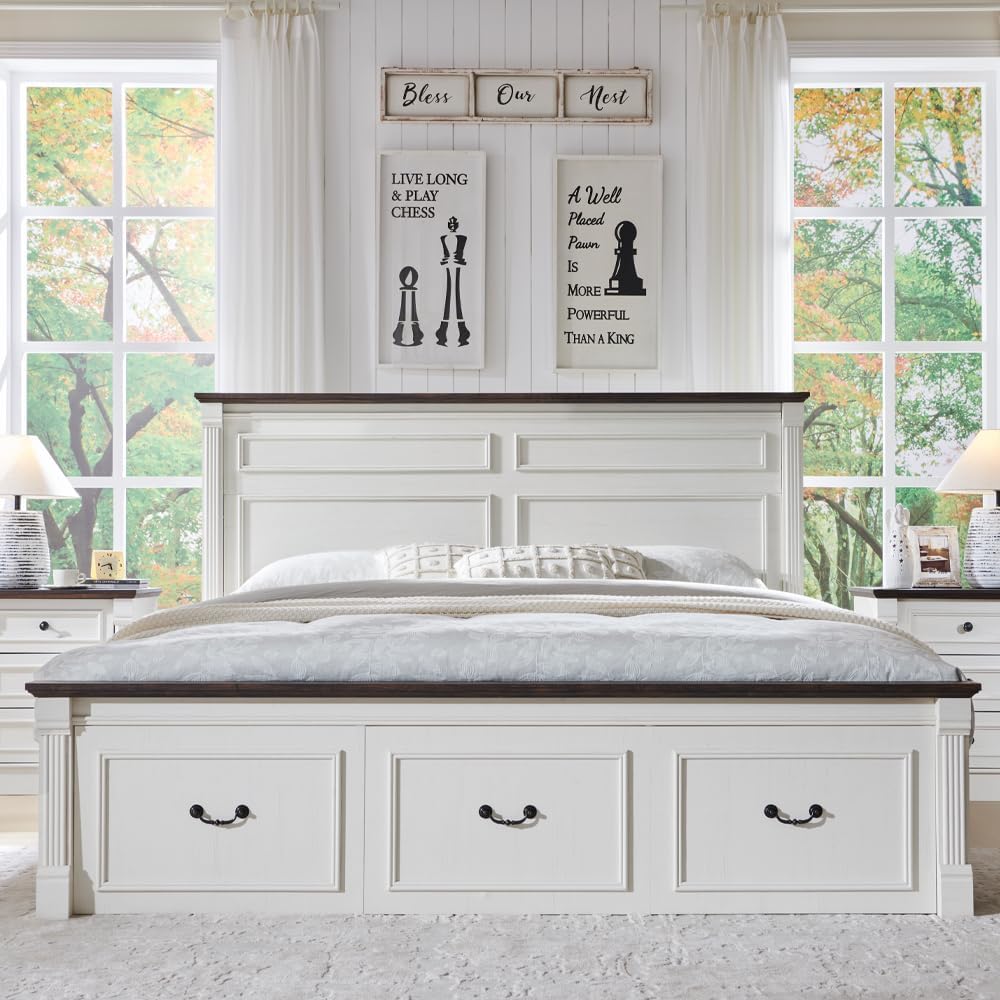 Farmhouse King Bed Frame with 51" Tall Headboard, Wood Platform Bed Frame with 20" Tall Roman Column Decoration