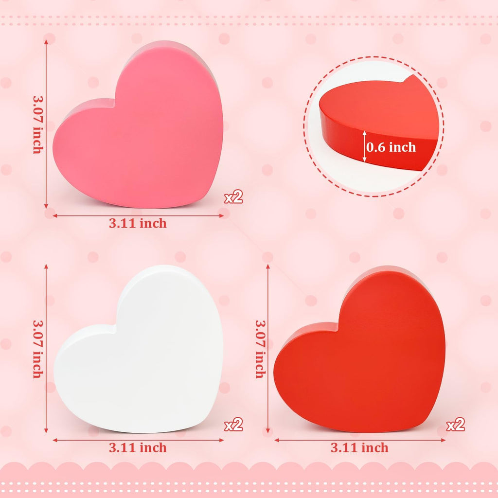 Valentines Day Hearts Decorations for the Home Table , Red Pink White Wooden Heart Shaped Signs for Tiered Tray - Set of 6