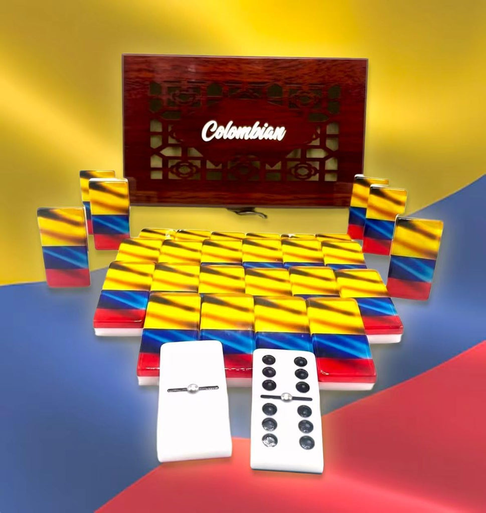 Colombian Premium Edition Dominoes Set Deluxe - Double Six Domino Tiles with Colombia Flag Design - Resin & Clear Top