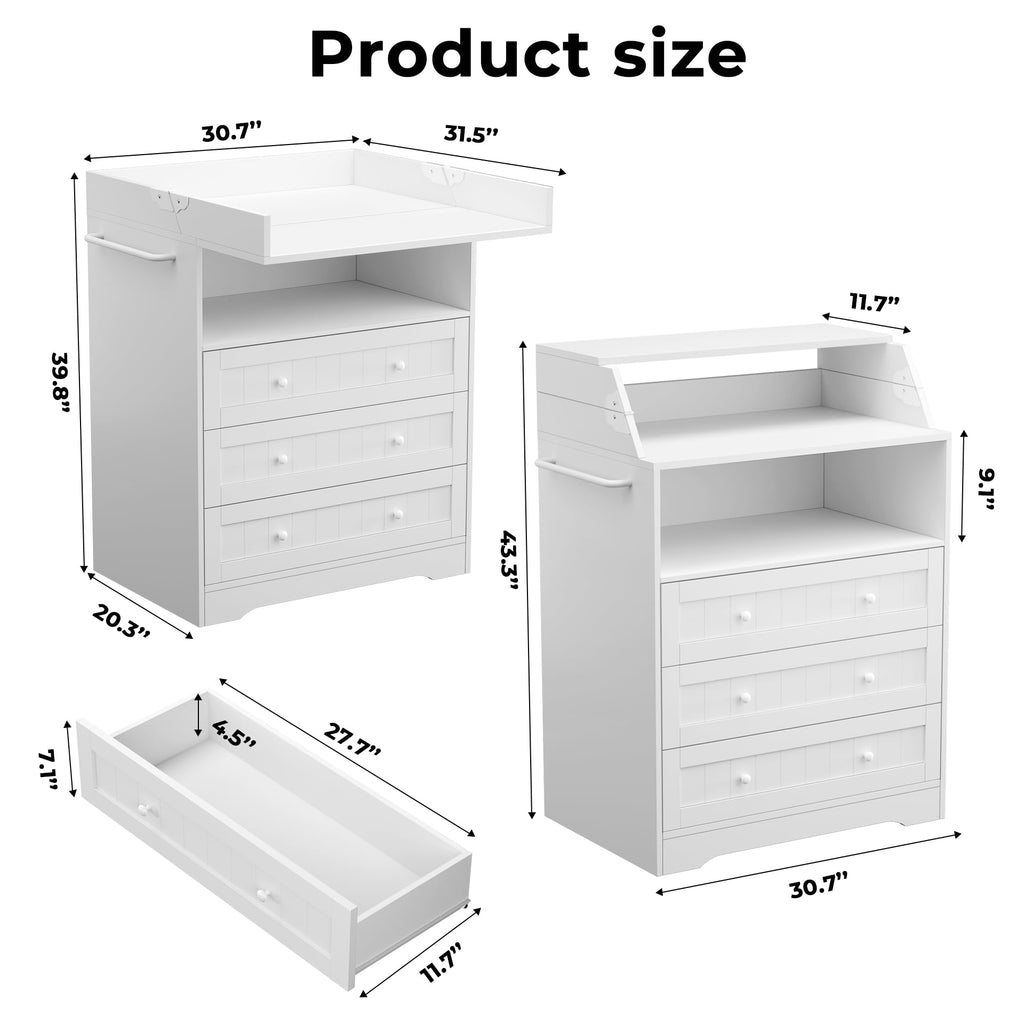Baby Changing Table with Foldable Tabletop, White Baby Dresser with 3 Drawer