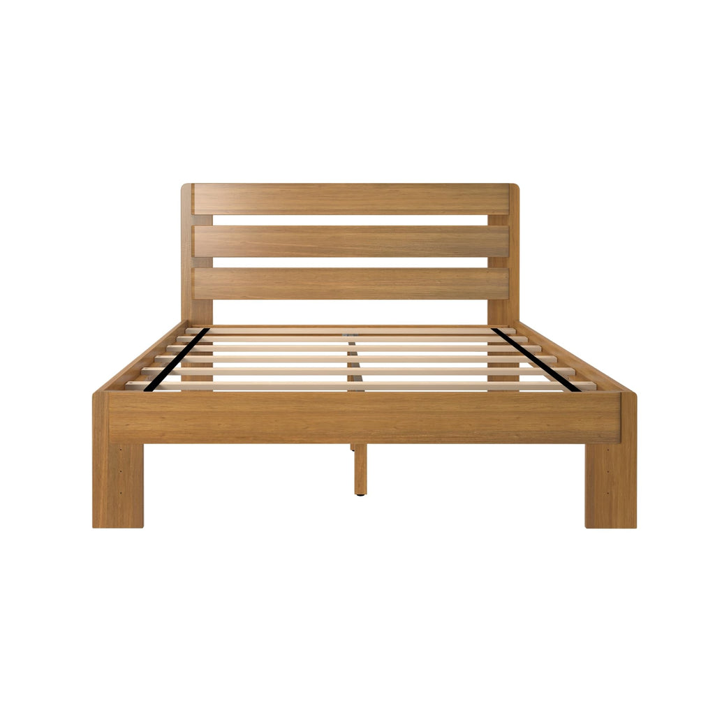 Modern Farmhouse Bed with Plank Headboard, Solid New Zealand Pine Wood Platform Bed, Pecan Finish