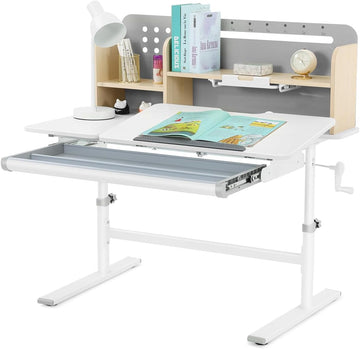 39in Wide Adjustable Height Kids Desk with Tilting Desktop, Bookshelf Hutch
