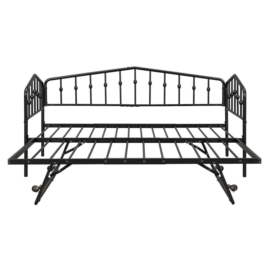 Daybed with Trundle, Metal Daybed with Vintage Headboard, to Extendable Bed Frame, No Box Spring