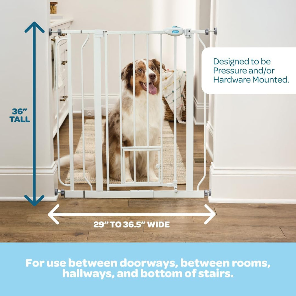 36" Extra Tall Walk Through Dog Gate for Doorways & Bottom of Stairs, Metal Pet Gate with Small Pet Door, Expands