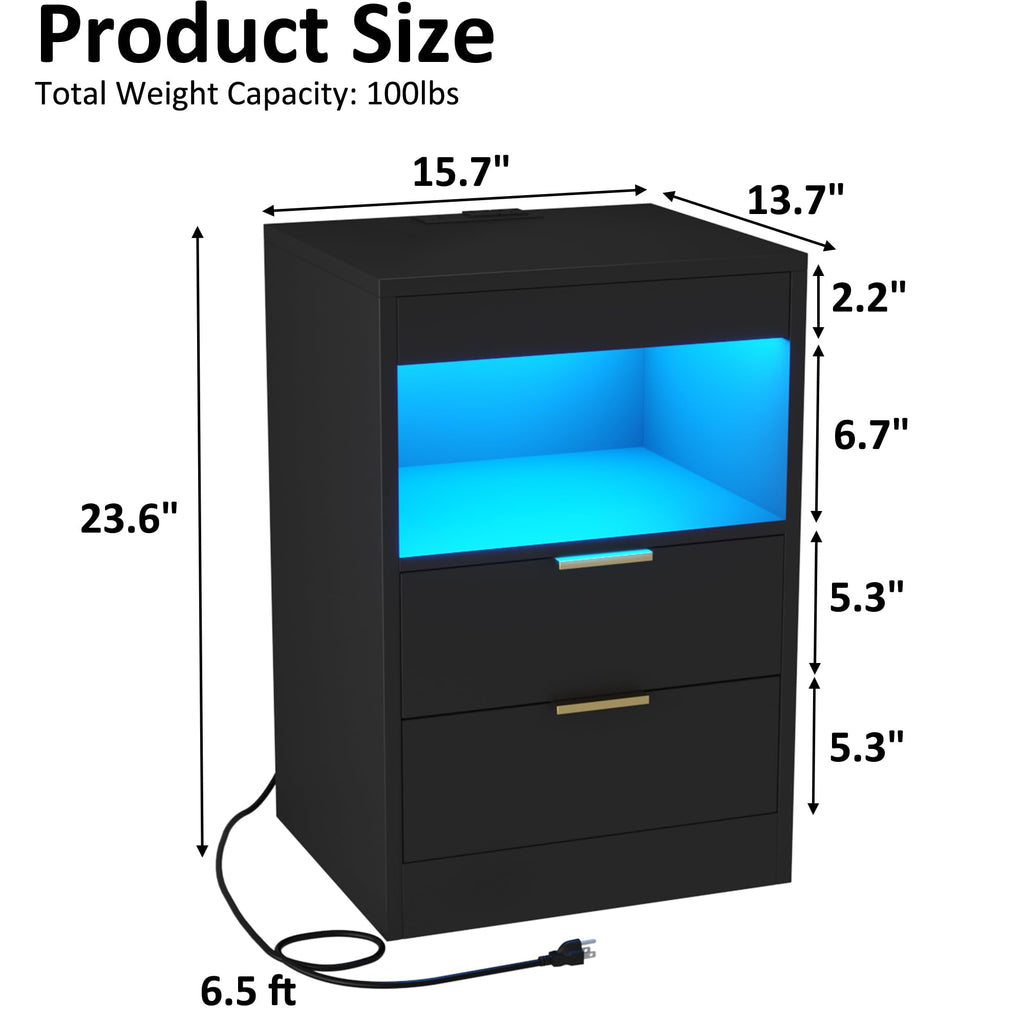 Night Stand, LED Nightstand with Charging Station, Black