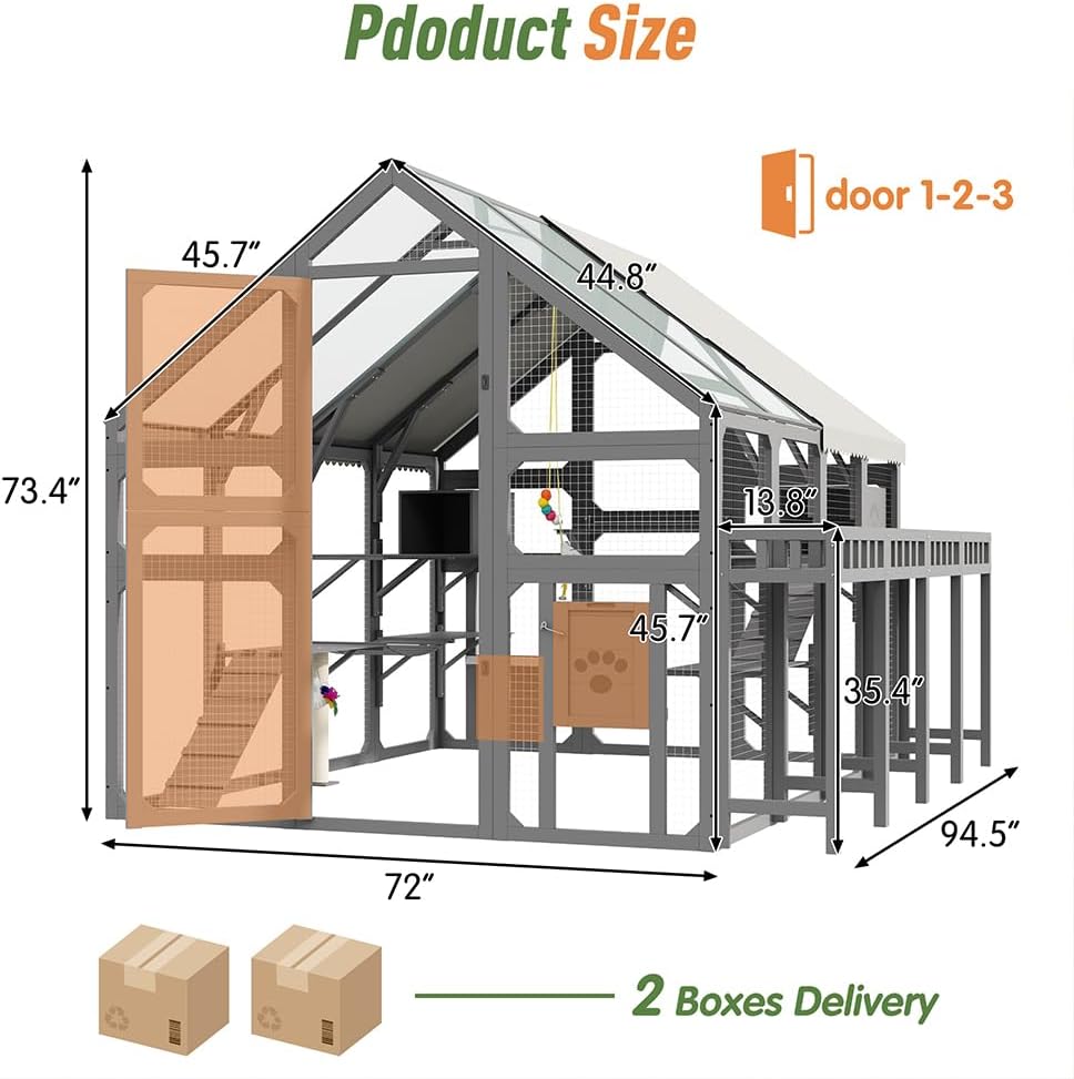 Extra Large Catio Outdoor Cat Enclosure, Freestanding Walk-in Wooden Cat House with Planter Stand, Hanging Bridge