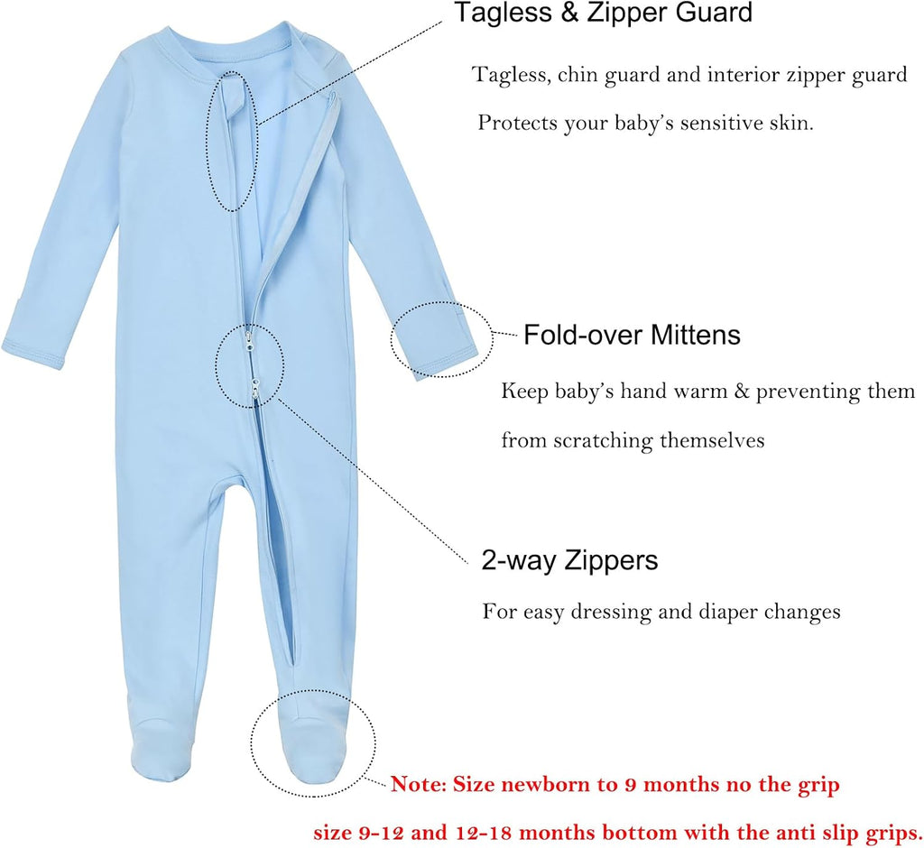 Baby Footie Pajamas Cotton with Mitten Cuffs, Double Zipper