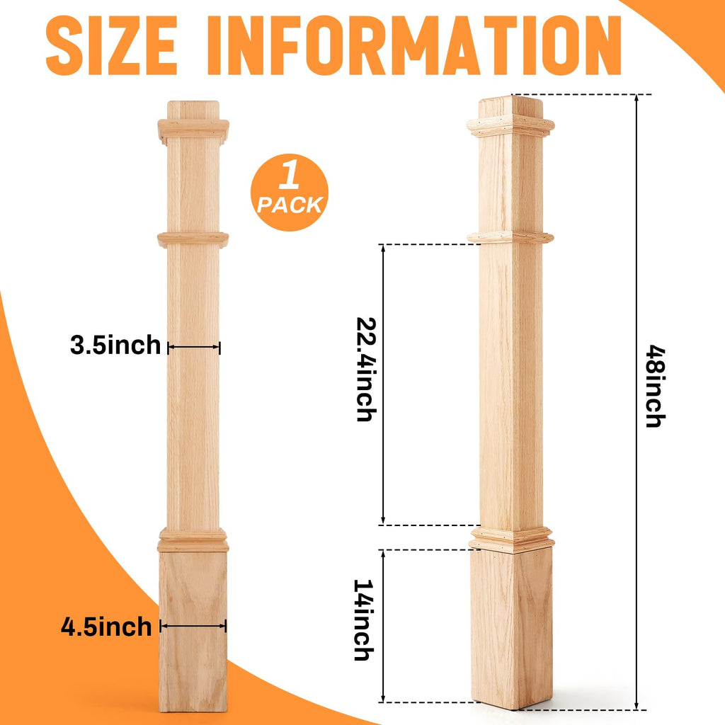 1 Pcs 48 Inch Red Oak Stair Newel Post with 3 1/2" Post and 4 1/2" Pedestal, Wood Box Newel with Pedestal for