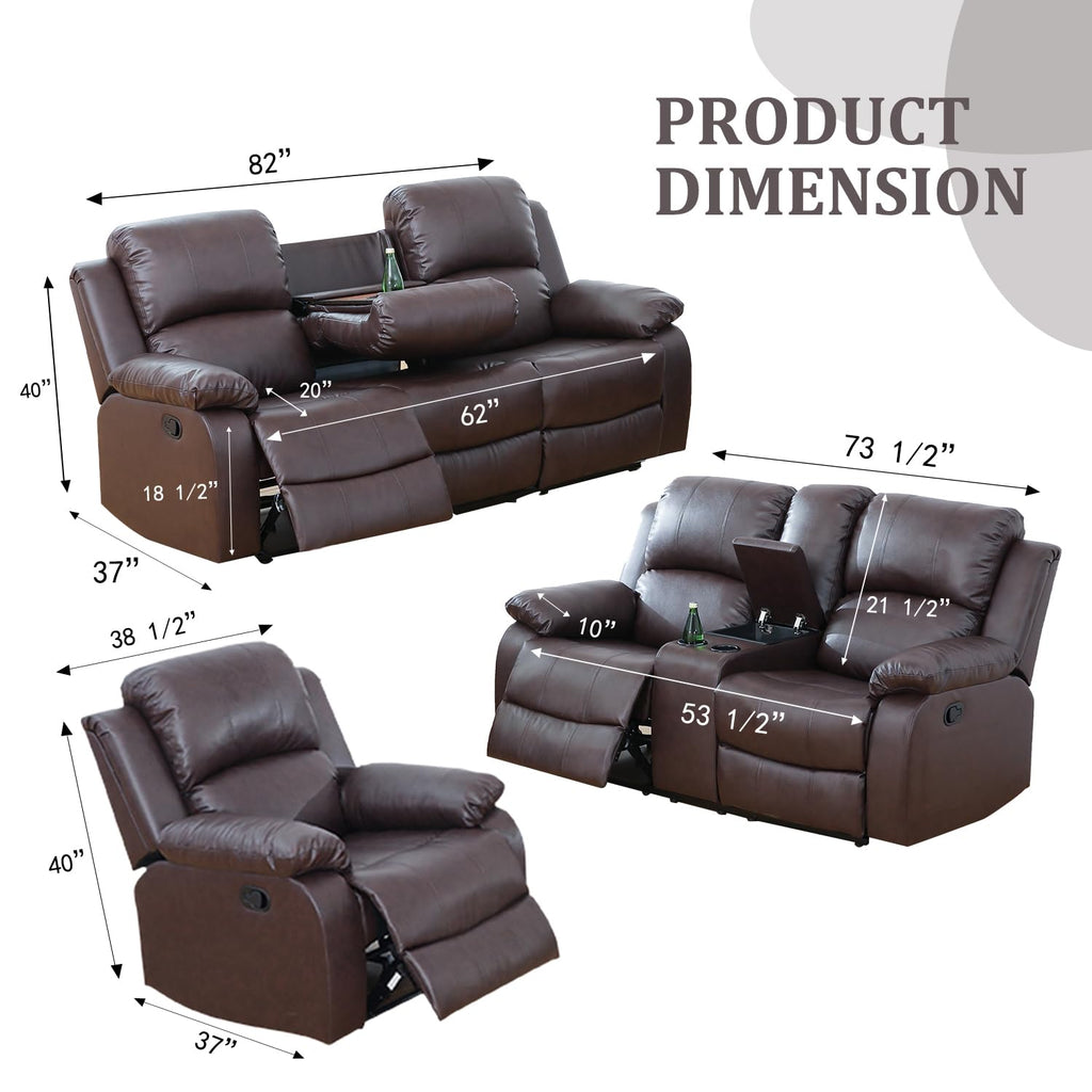 Leather Recliner Sofa Set, 2-Pieces (Sofa and Loveseat), Brown