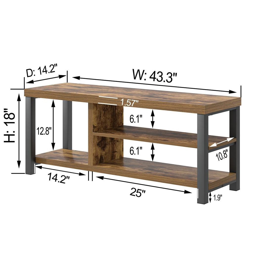 Shoe Bench, Modern Wood Storage Bench Hallway, Industrial Indoor Shoe Rack Bench Seat Bedroom, 43.3 Inch Rustic Brown