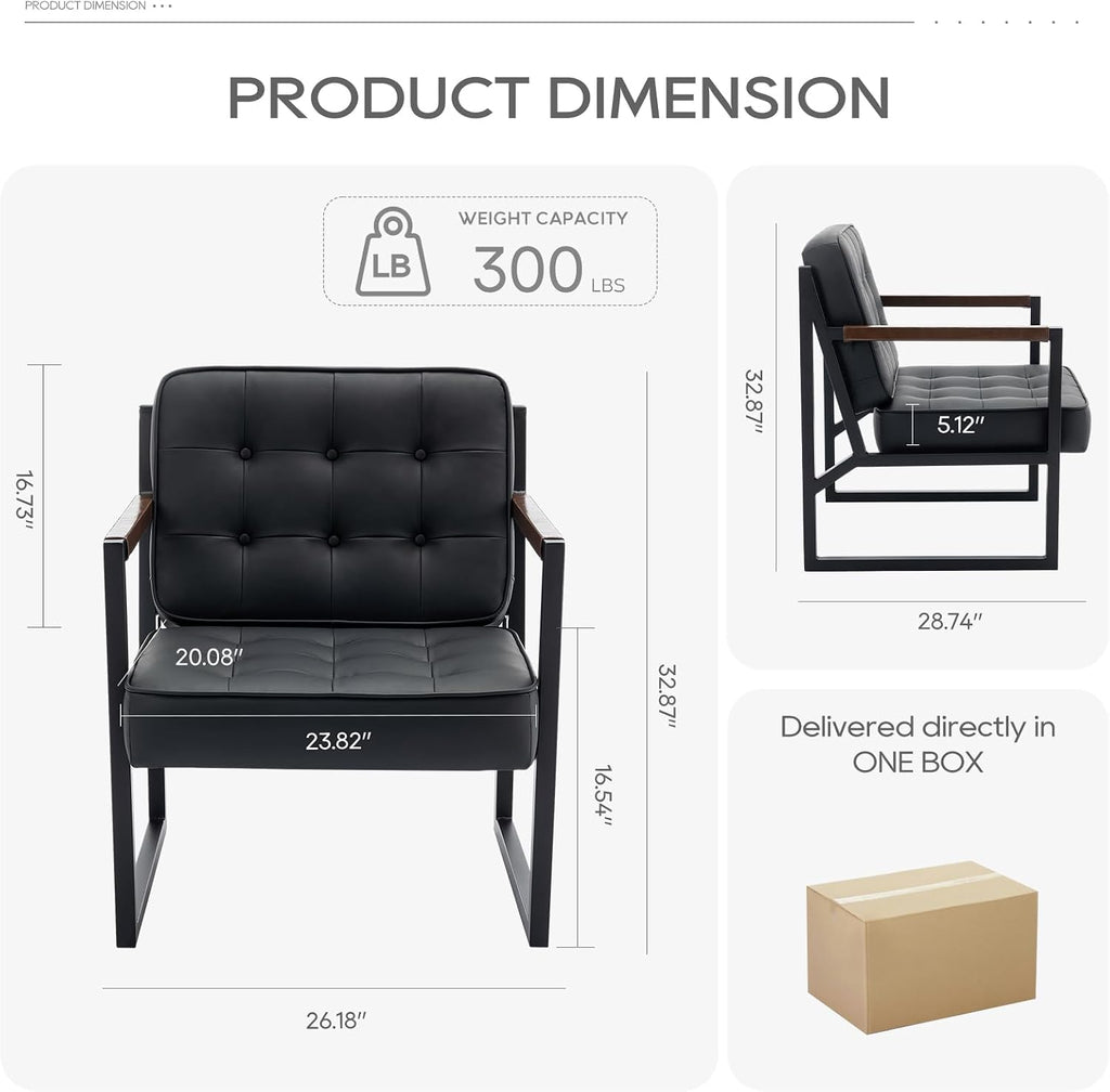 Black Leather Accent Chair, Accent Arm Chair, Comfy Armchair with Metal Legs Bedroom Reception Waiting Room