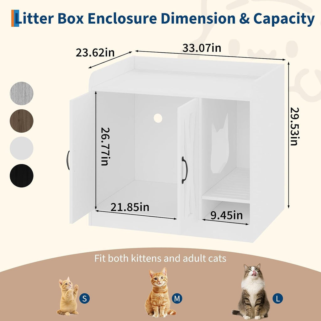 Large Wooden Cat Litter Box Enclosure, Hidden Litter Box Cabinet with Divider, Double Doors & Cat-Shaped Side Entry