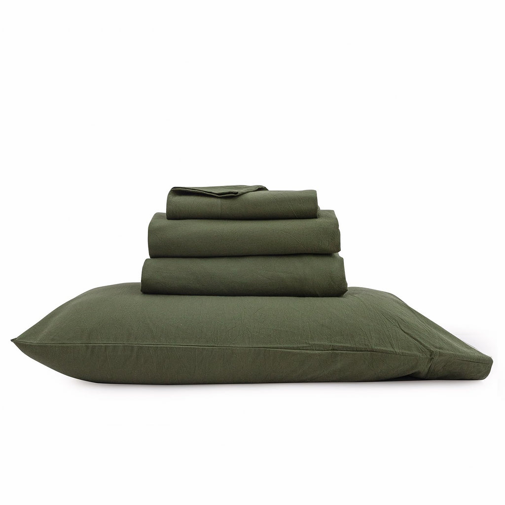 100% Washed Cotton Linen Feel Sheet Set, Solid Olive Green Queen