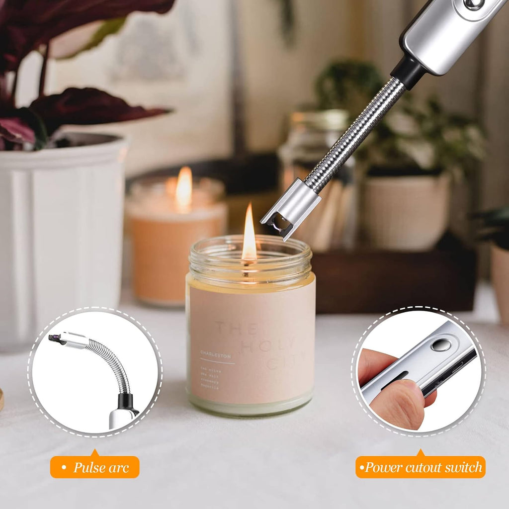 Candle Accessory Set with Rechargeable Electric Lighter, Storage Tray, Wick Trimmer, Snuffer, Dipper - Stainless - Set of 5