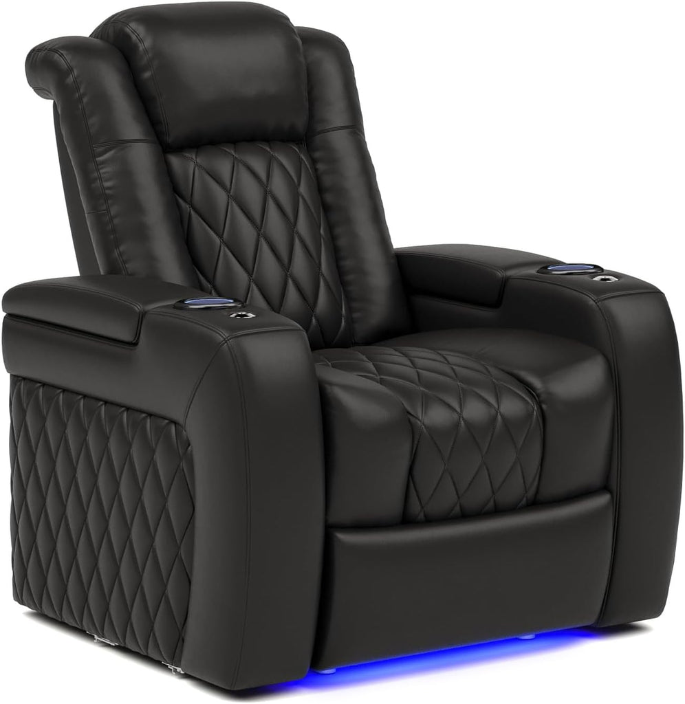 Tuscany Home Theater Seat - Nappa Leather Power Recliner with Cool Gel Memory Foam, USB-C/A Charging, RGB LED Lights