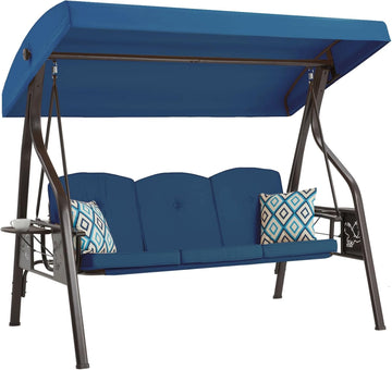 3-Seat Outdoor Porch Swing with Stand, Patio Swing with Canopy, 2 in 1 Porch Swing Bed & Patio Swing Chair for Adult