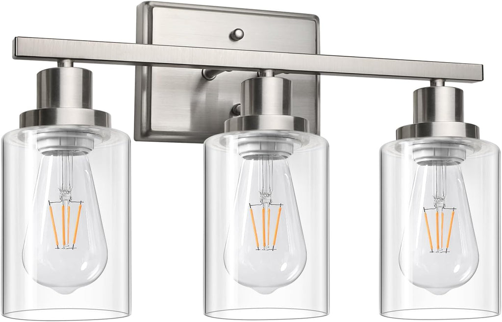 Bathroom Vanity Light Fixtures, 3 Light Wall Sconces Lighting with Clear Glass Shade, Brushed Nickel Wall Lights for