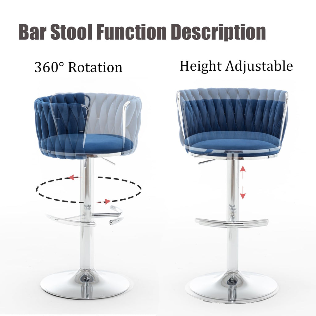 Velvet Bar Stools Set of 2, Swivel Counter Height Bar Stools with Back, Adjustable Woven Barstools Island, Pub, Club