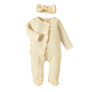 Newborn Baby Girl Clothes Long Sleeve Solid Color Romper Jumpsuits with Headband Infant Coming Home Outfit (Creamy